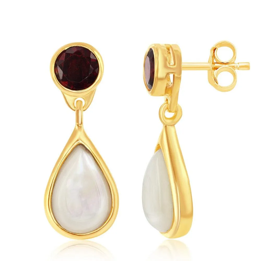 Sterling Silver Gold Plated Garnet and Mother of Pearl Earrings