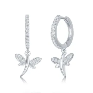 Sterling Silver Huggie Hoop CZ Dragonfly Earrings