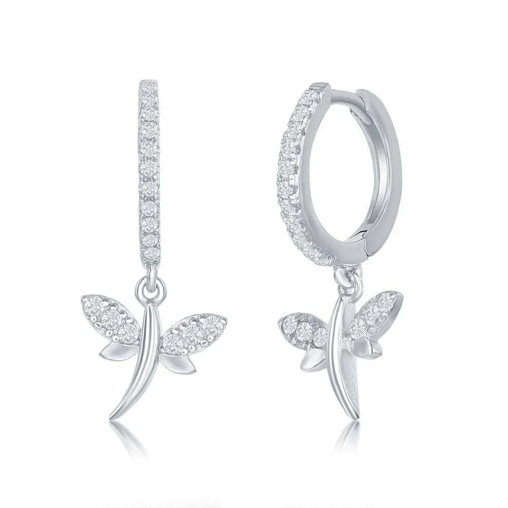 Sterling Silver Huggie Hoop CZ Dragonfly Earrings