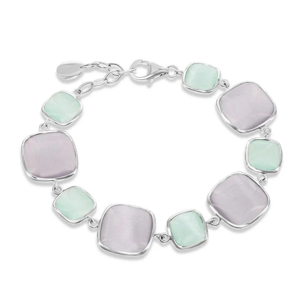 Sterling Silver Light Green and Grey Square Cat's Eye Bracelet