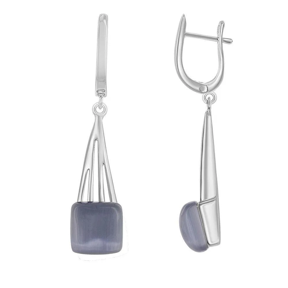 Sterling Silver Long Dark Blue and Grey Cat's Eye Earrings