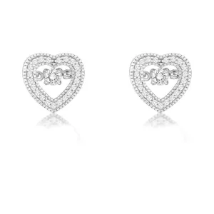 Sterling Silver Micro Pave with Center Dancing-Shimmering CZ Heart Earrings