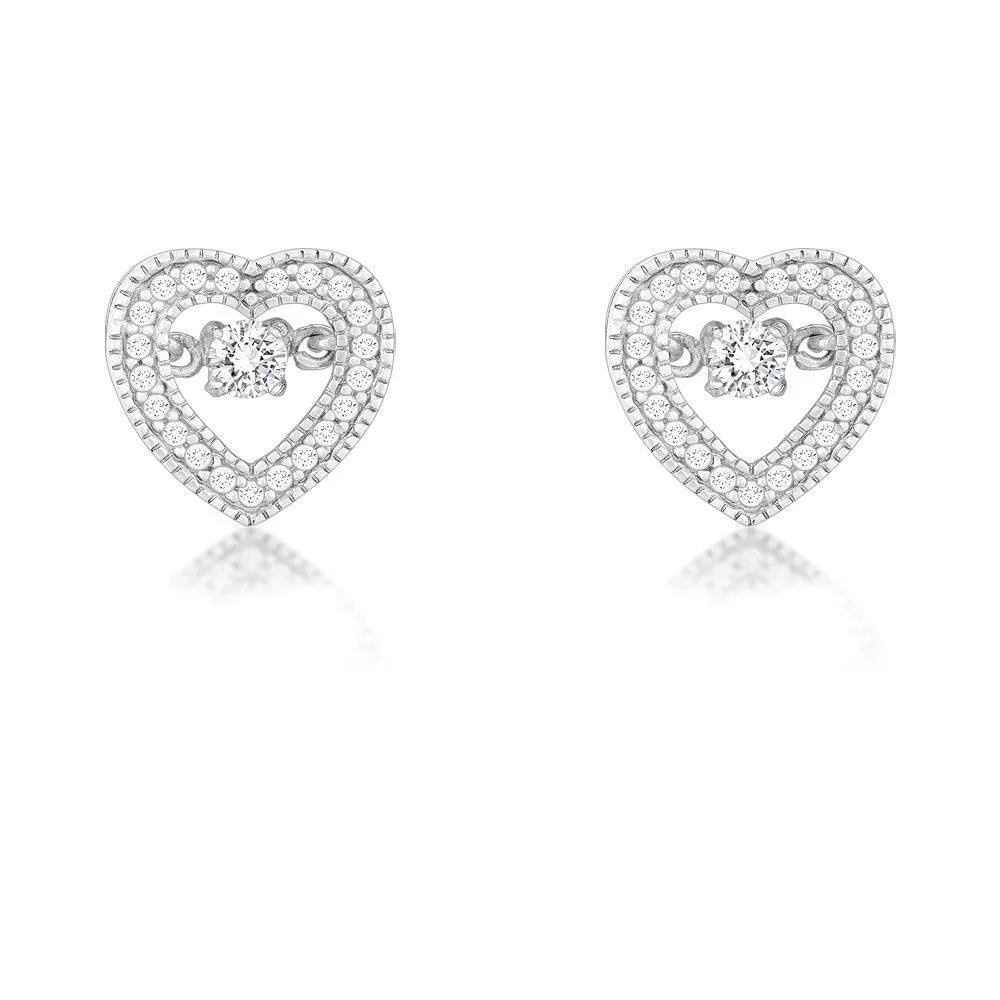 Sterling Silver Micro Pave with Center Dancing-Shimmering CZ Heart Earrings