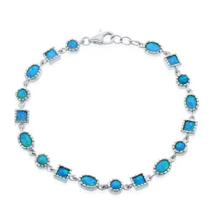 Sterling Silver Oval, Square and Circle Blue Inlay Opal Bracelet