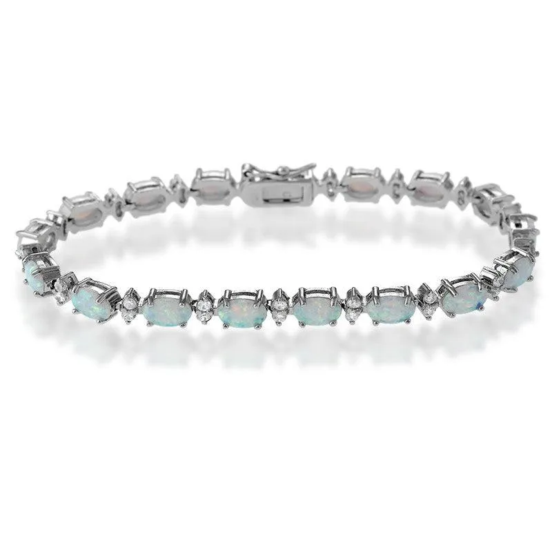 Sterling Silver Oval White Opal & Marquise Shape CZ Bracelet
