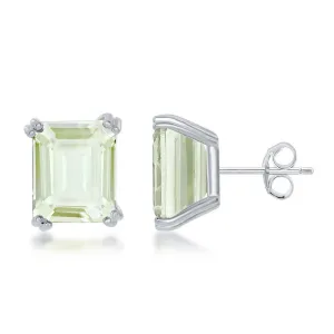 Sterling Silver Rectangle Green Amethyst Prong Set Stud Earrings