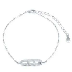 Sterling Silver Rectangle with Sliding Bezel-Set CZ Bracelet, 6"