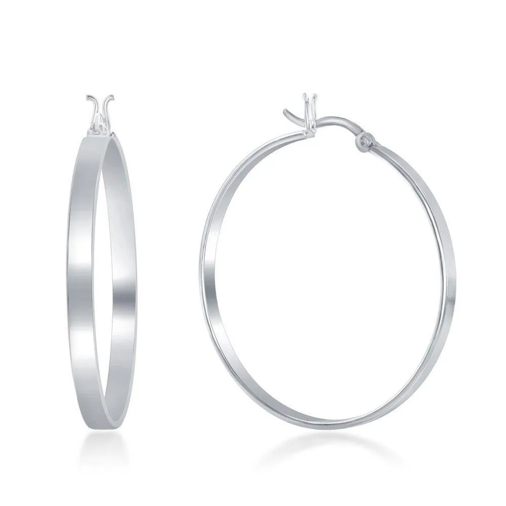 Sterling Silver Rhodium Plated Flat Hoop Earrings, 4 x 40 mm