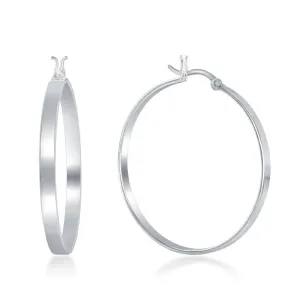 Sterling Silver Rhodium Plated Flat Hoop Earrings, 4 x 40 mm