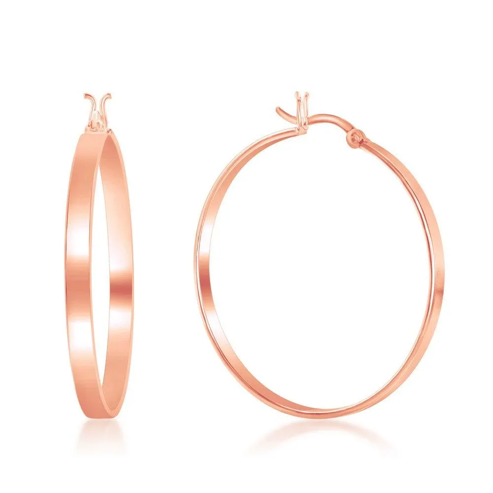 Sterling Silver Rose Gold Plated Flat Hoop Earrings, 4 x 40 mm
