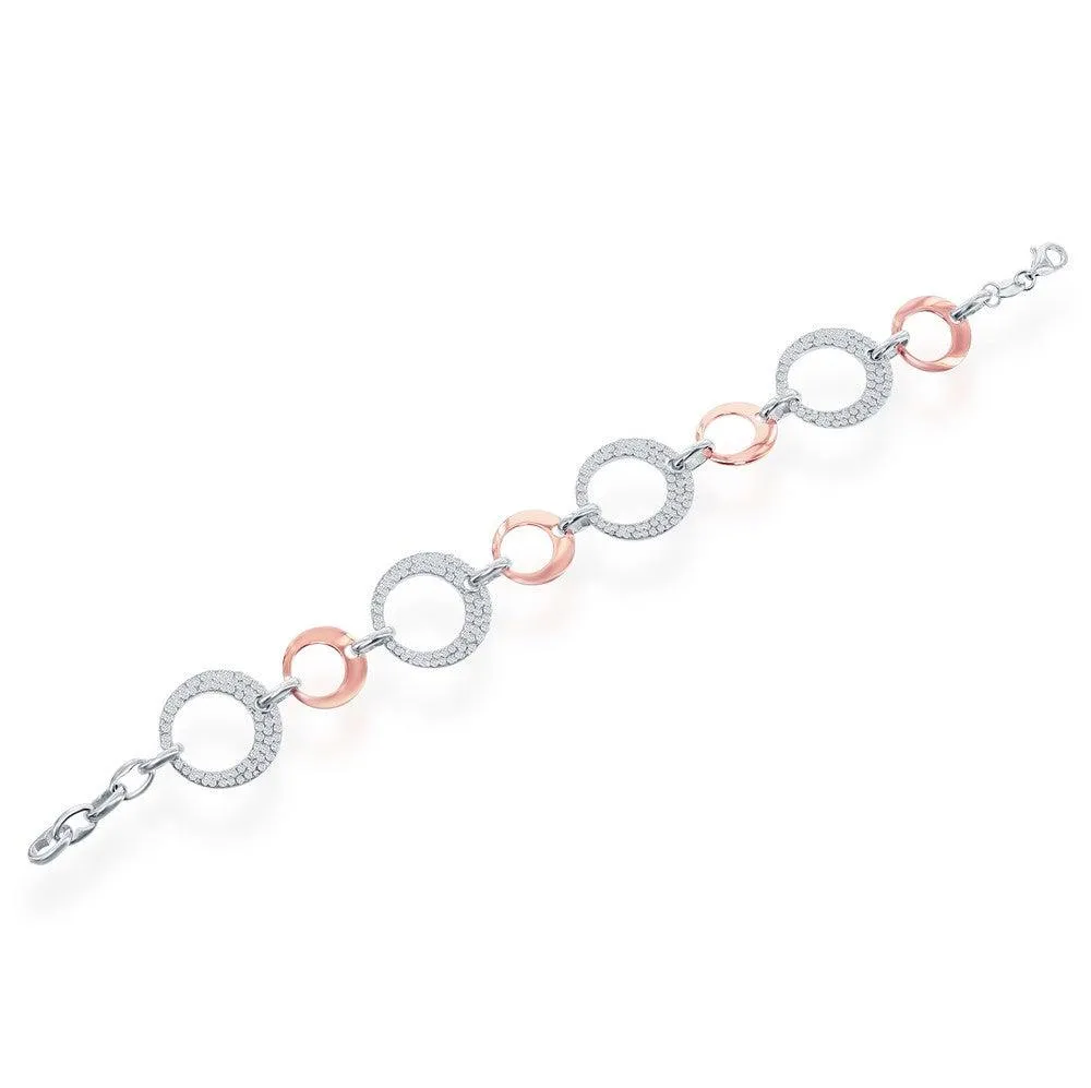 Sterling Silver Rose GP Shiny and Large CZ Open Circle Bracelet
