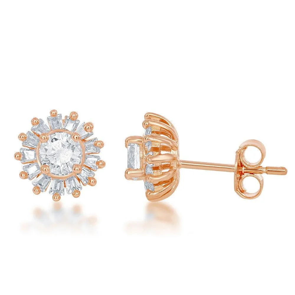 Sterling Silver Rose Small Round CZ with Baguette Border Stud Earrings