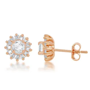 Sterling Silver Rose Small Round CZ with Baguette Border Stud Earrings