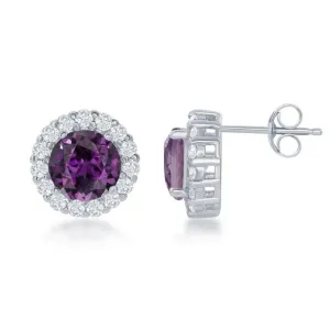 Sterling Silver Round Center Amethyst with White Topaz Large Stud Earrings