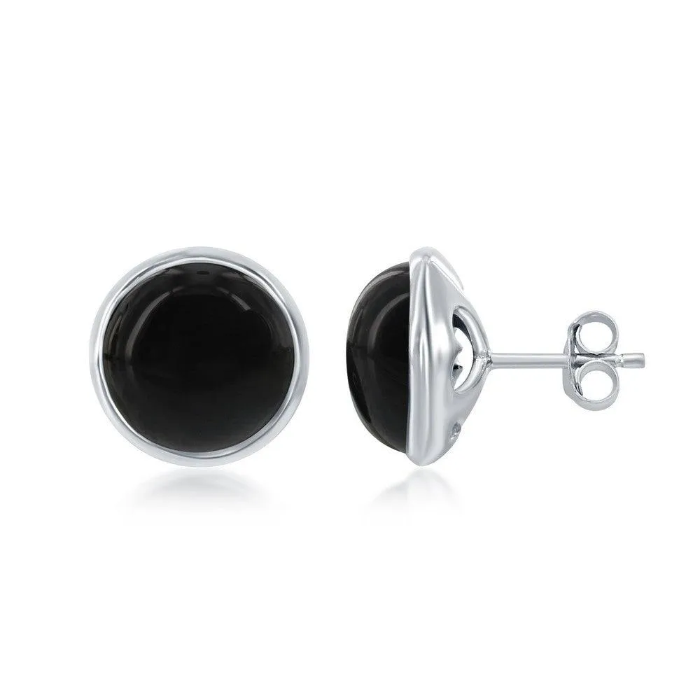Sterling Silver Round Onyx Bezel Set Stud Earrings