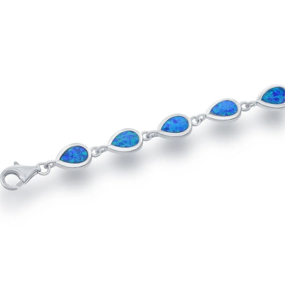 Sterling Silver Small Blue Inlay Opal Teardrop Link Bracelet, 7"