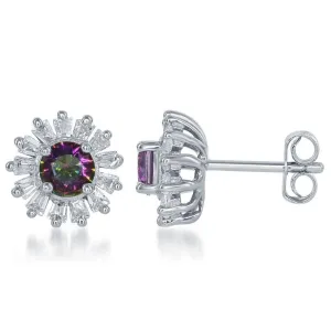 Sterling Silver Small Round Rainbow CZ with Baguette Border Stud Earrings