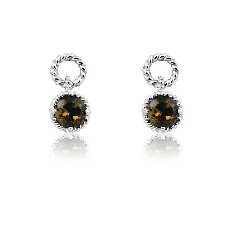 Sterling Silver Smokey Topaz Gemstone Twisted Wire Circle Earrings