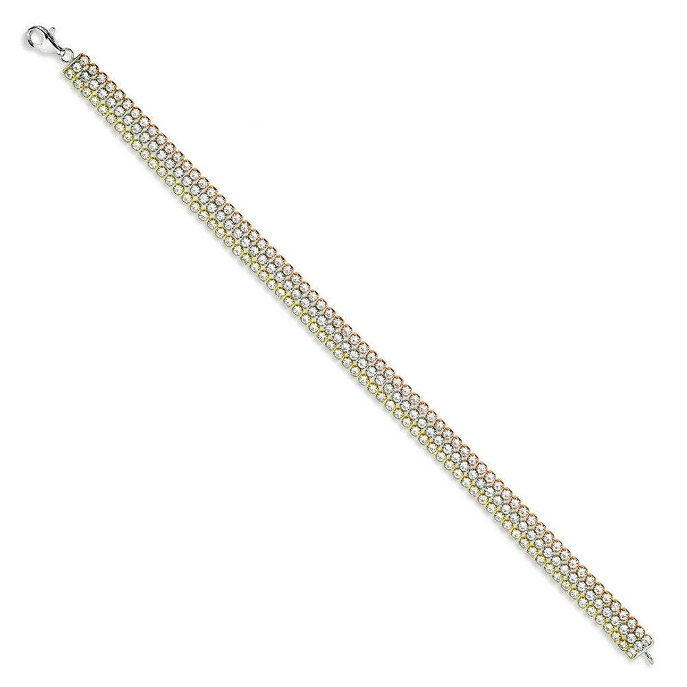 Sterling Silver Tri Color Triple Row CZ Tennis Bracelet, 7"