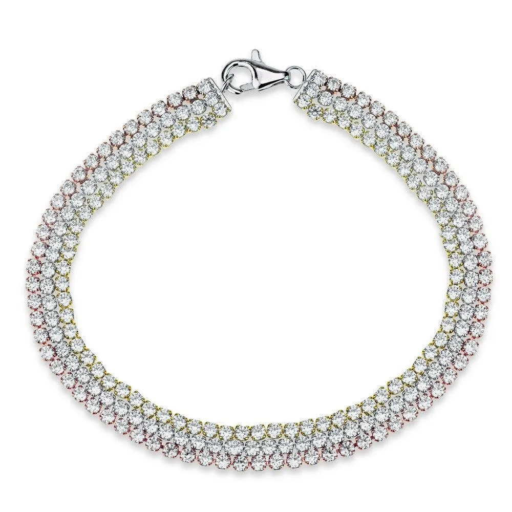 Sterling Silver Tri Color Triple Row CZ Tennis Bracelet, 7"