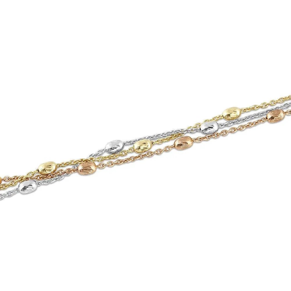 Sterling Silver Tri Color Triple Strand Oval Beaded Bracelet, 7"