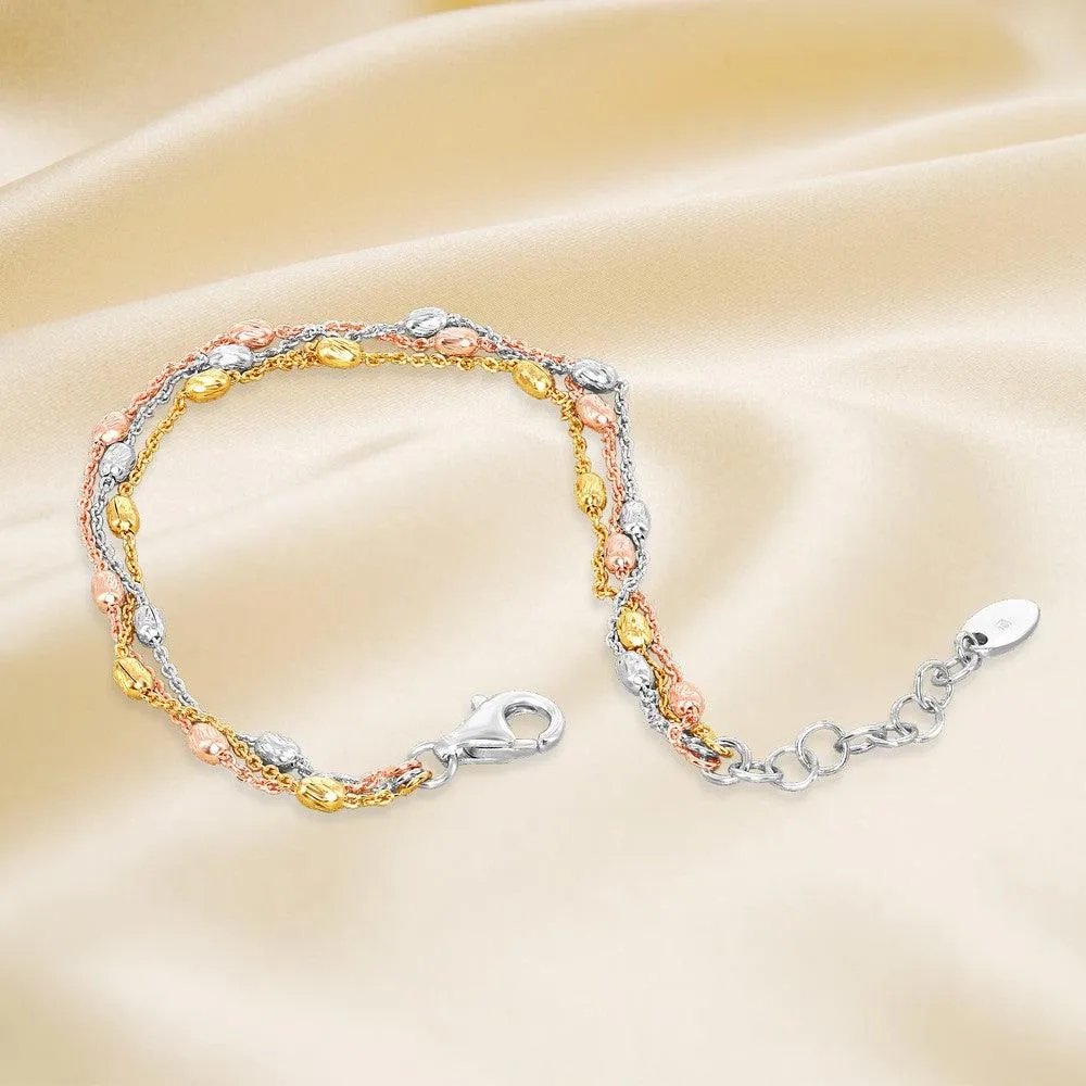Sterling Silver Tri Color Triple Strand Oval Beaded Bracelet, 7"