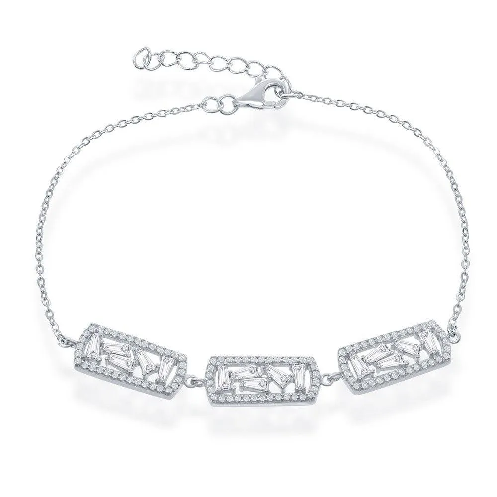 Sterling Silver Triple Rectangle with Baguettes and CZ Bracelet