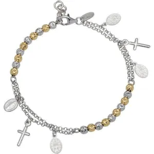 Sterling Silver Two Tone Beads with Cross and Medal Charm Bracelet