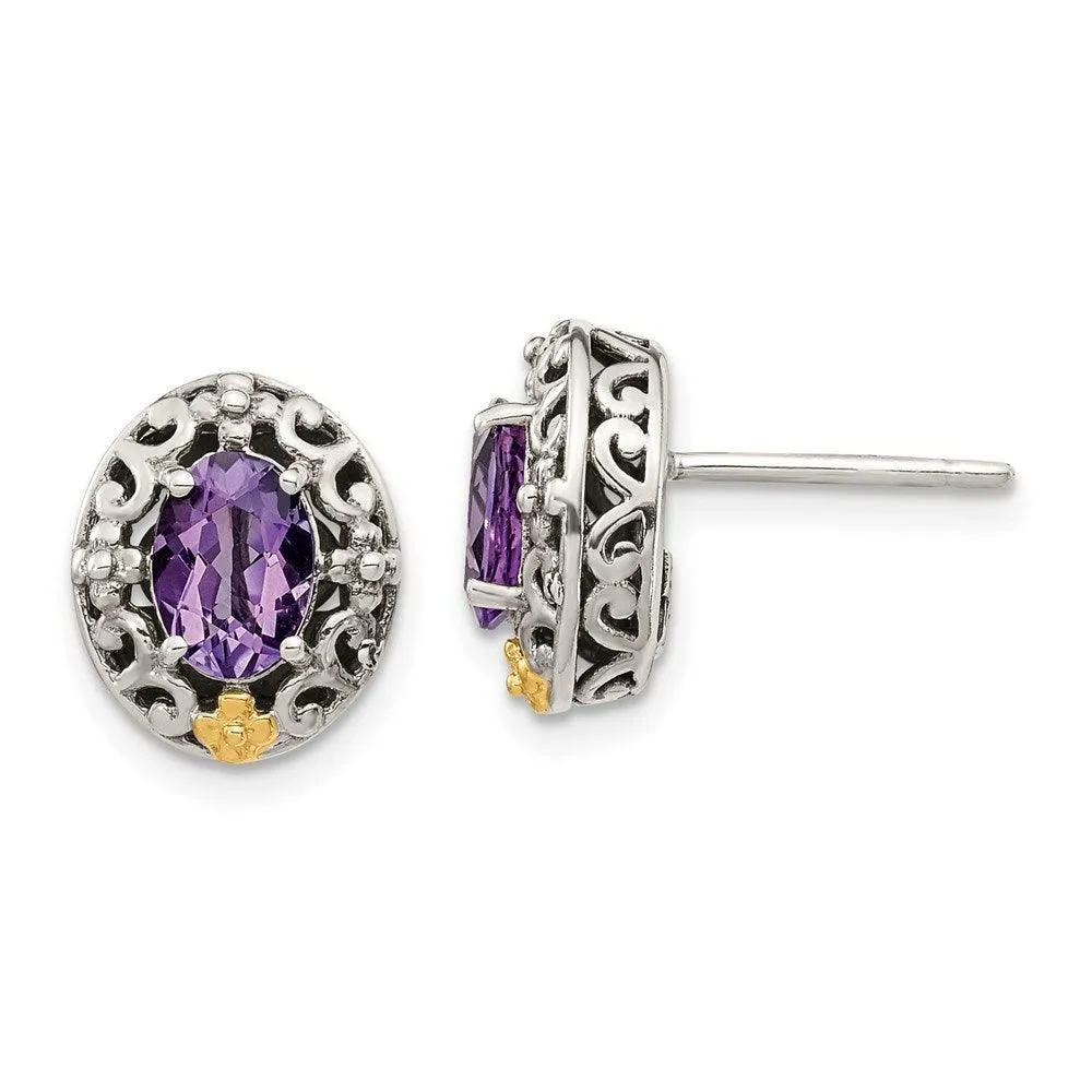 Sterling Silver w/ 14K Accent Amethyst Post Earrings