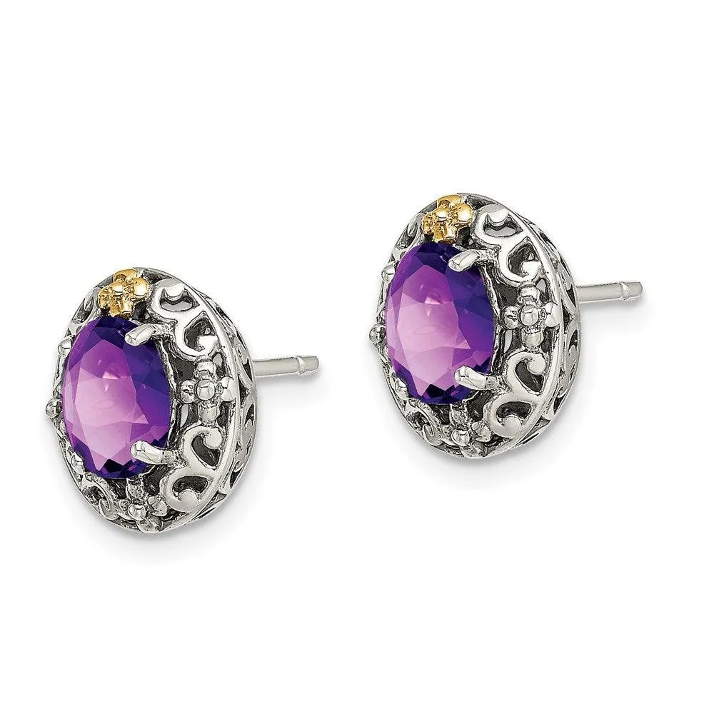 Sterling Silver w/ 14K Accent Amethyst Post Earrings