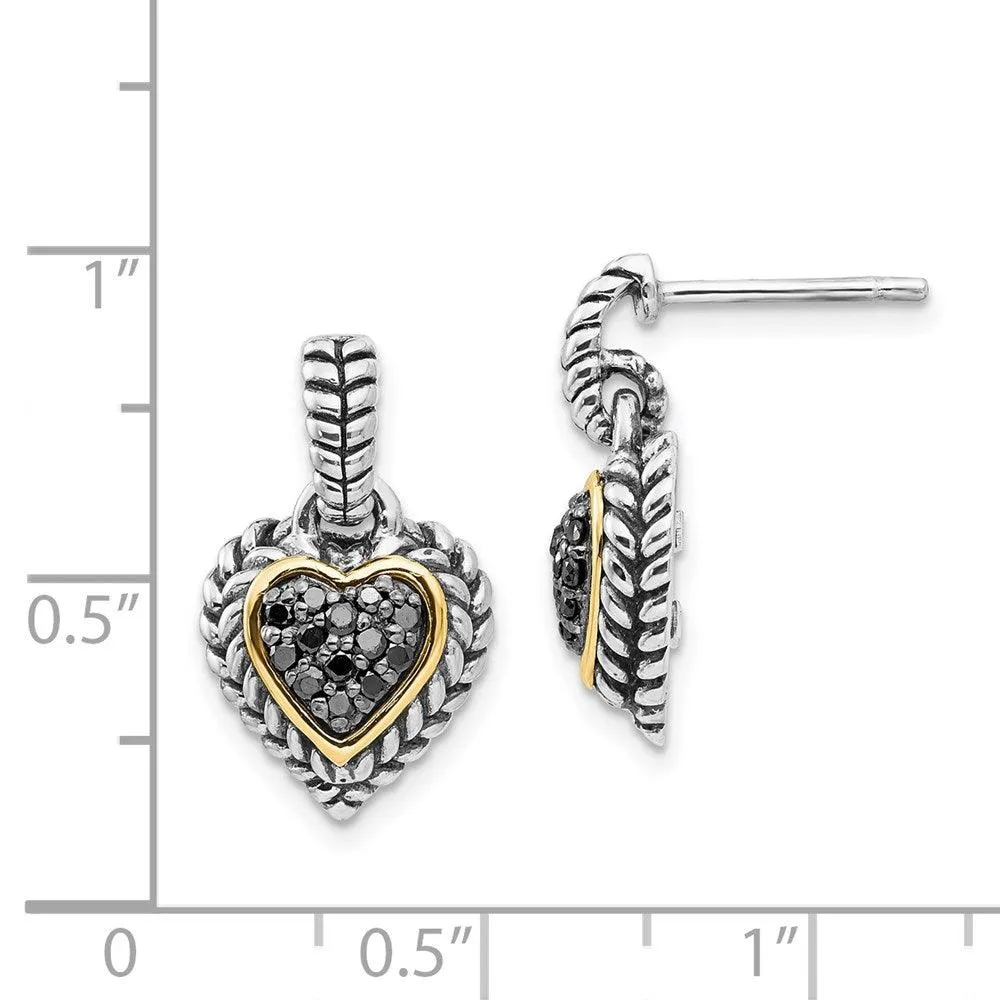 Sterling Silver w/14k Black Diamond Heart Earrings