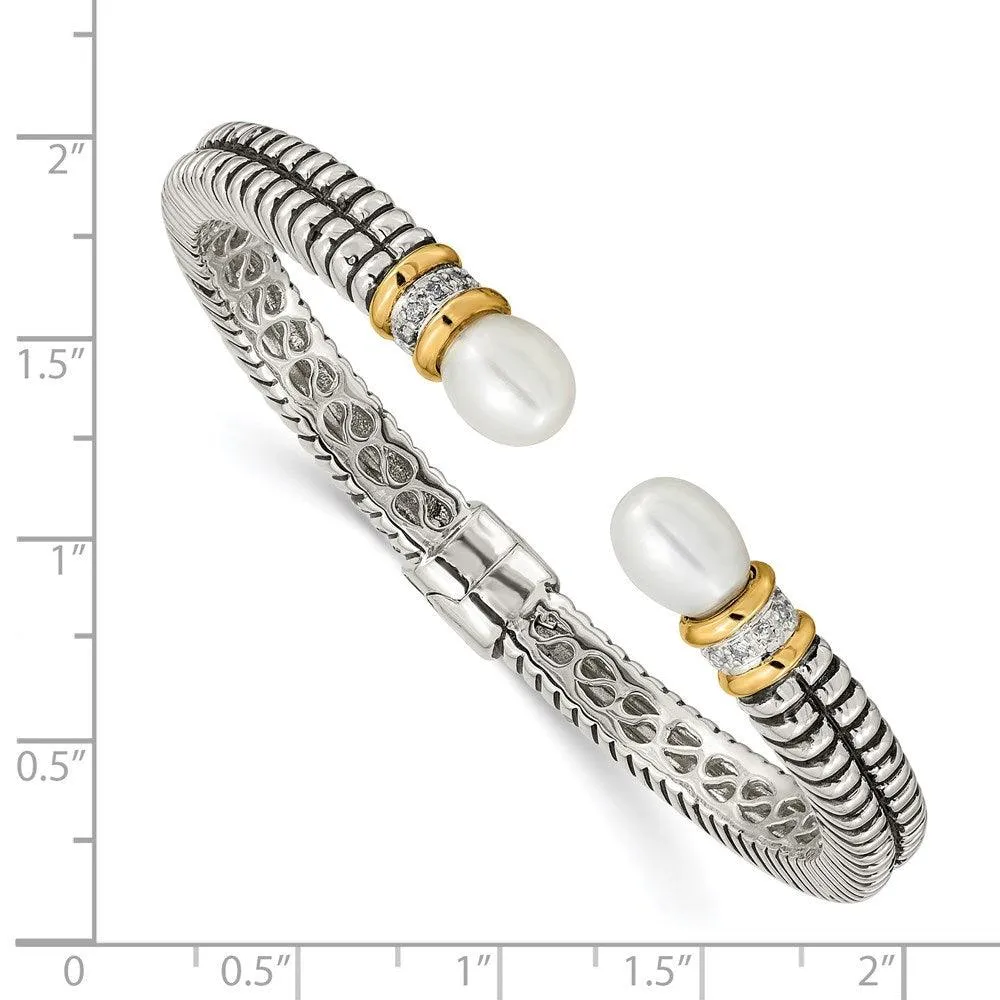 Sterling Silver w/14k FW Cultured Pearl & Diamond Cuff Bracelet