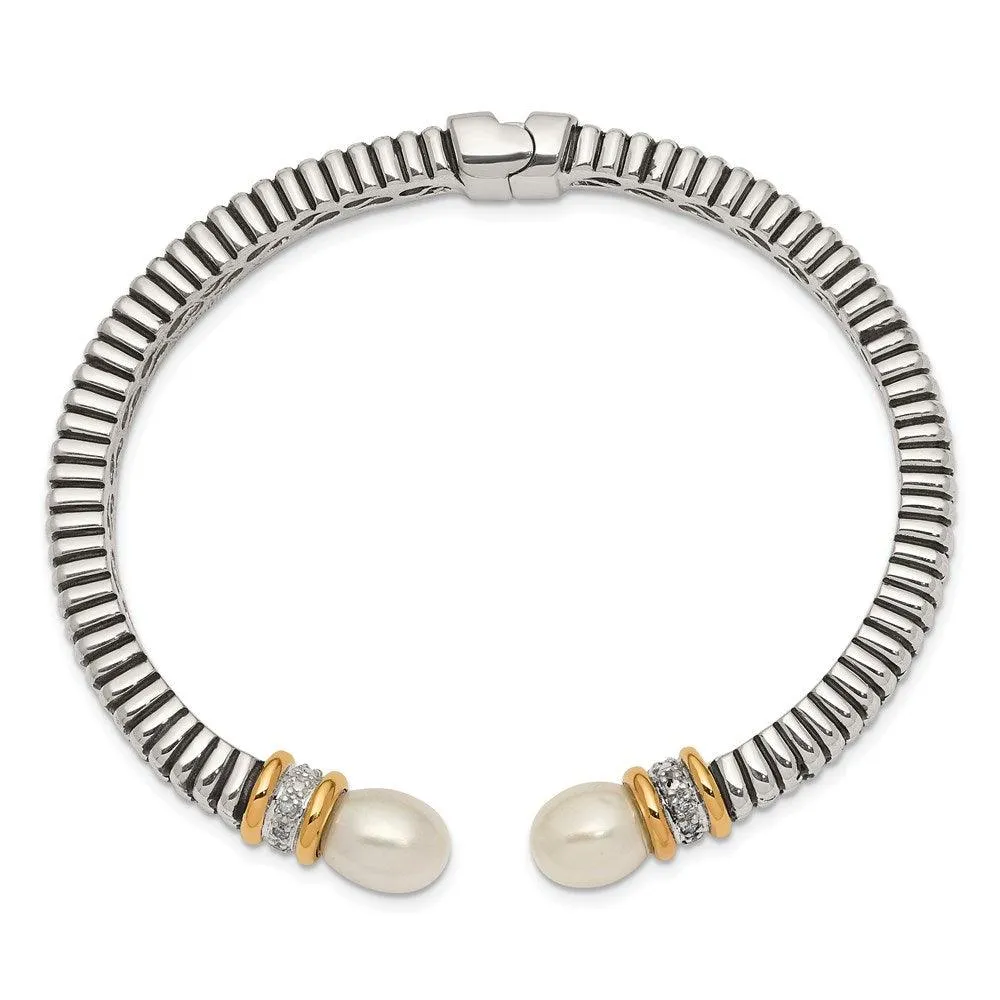 Sterling Silver w/14k FW Cultured Pearl & Diamond Cuff Bracelet