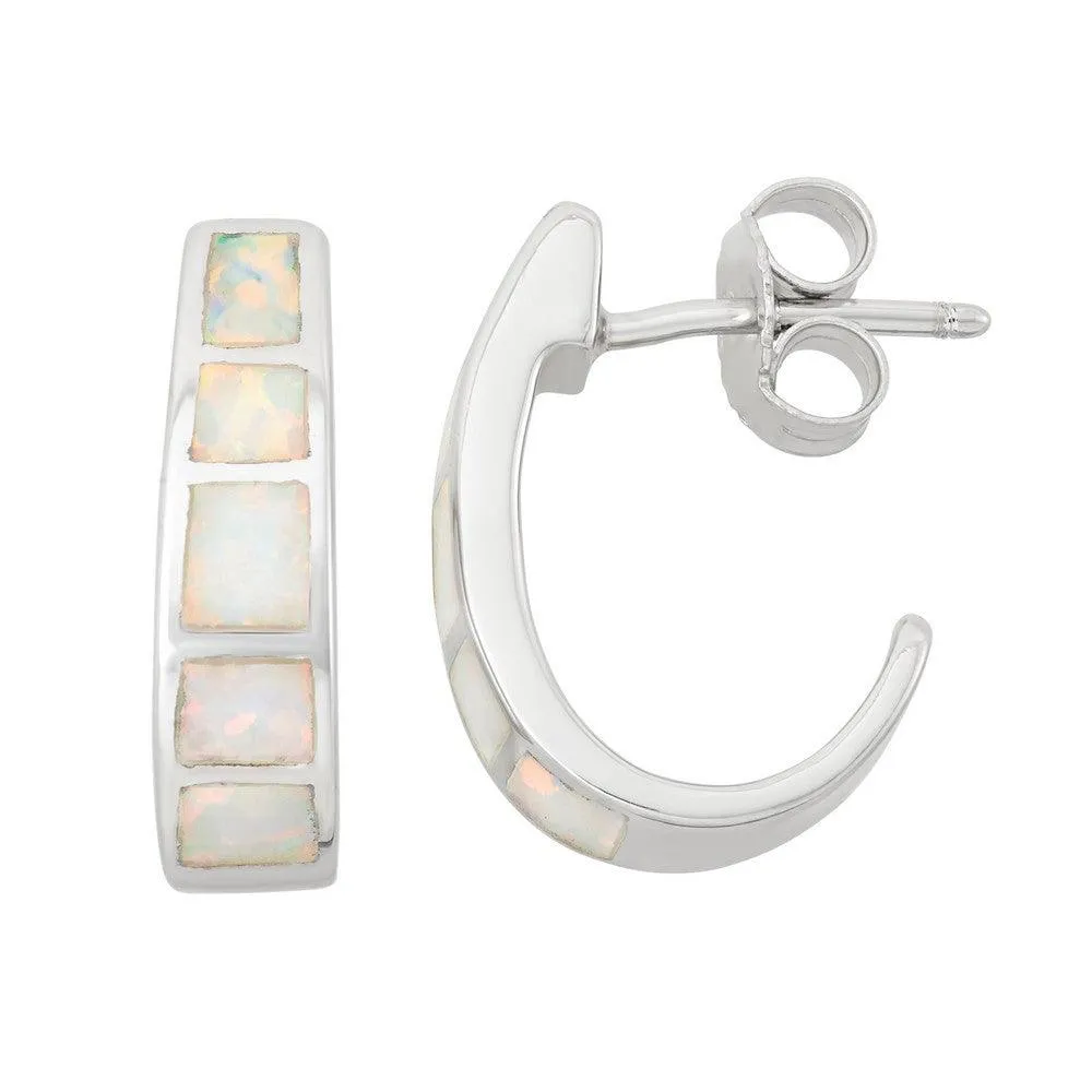 Sterling Silver White Inlay Opal Huggie Hoop Earrings