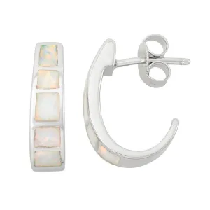 Sterling Silver White Inlay Opal Huggie Hoop Earrings