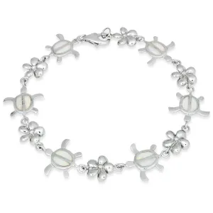 Sterling Silver White Opal Flower and Tortoise Link Bracelet