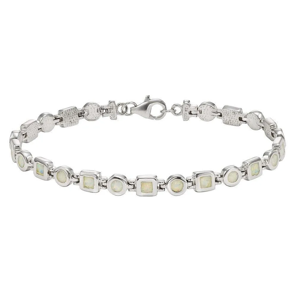 Sterling Silver White Opal Squares and Circles Link Bracelet, 7"
