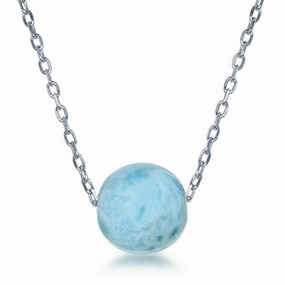 Sterling Silver 10MM Round Larimar Bead Necklace