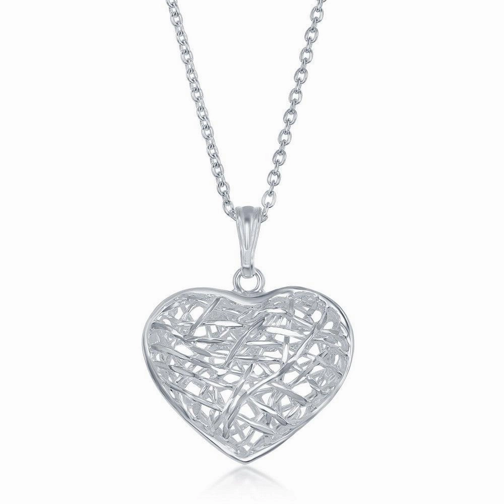 Sterling Silver 17 Inch Open Diamond Cut Heart Necklace