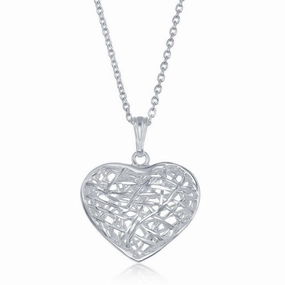 Sterling Silver 17 Inch Open Diamond Cut Heart Necklace