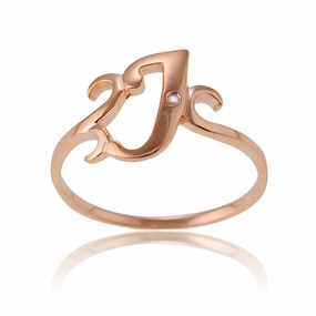 Sterling Silver 1 Micron Rose GP Single CZ "J" Ring, Size 7