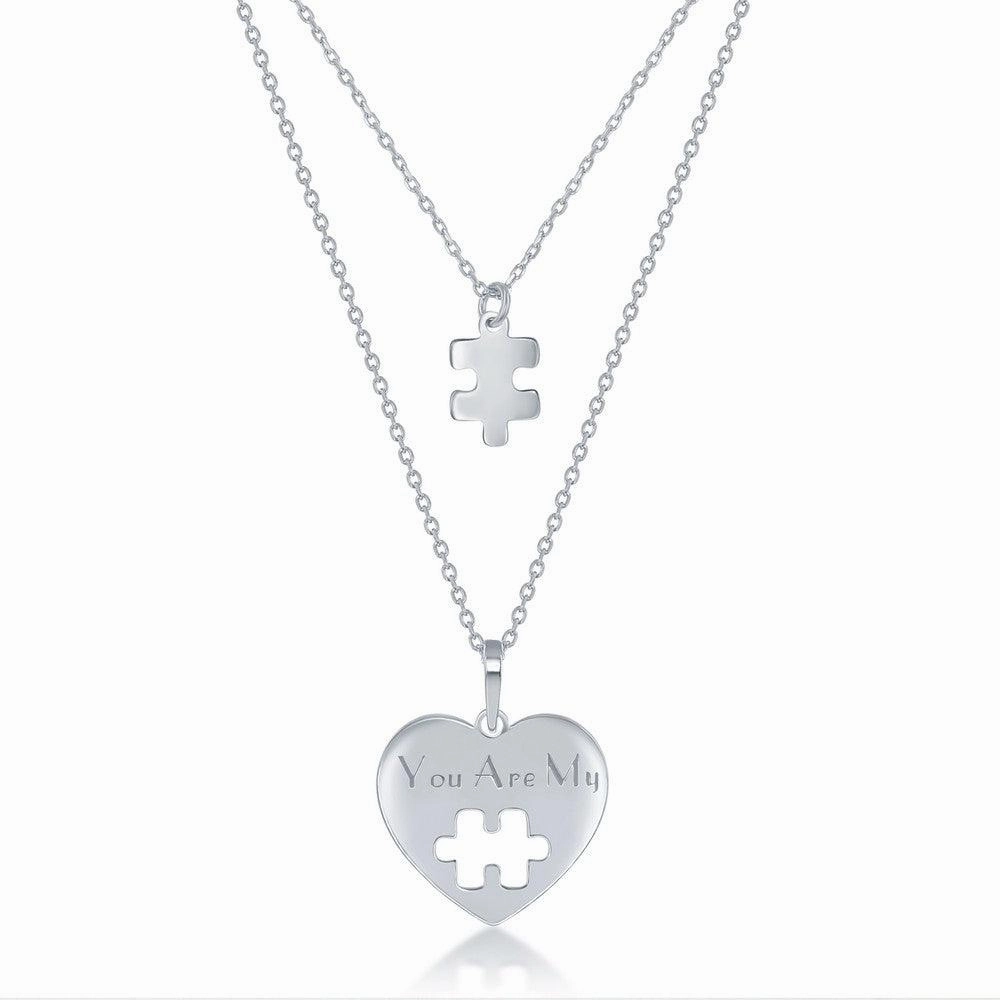 Sterling Silver 2PC; Puzzle Piece Necklace Set - 16 2 Inch You Are My Heart; 14 2 Puzzle Piece