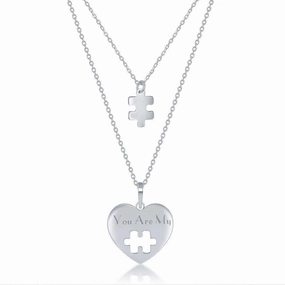 Sterling Silver 2PC; Puzzle Piece Necklace Set - 16 2 Inch You Are My Heart; 14 2 Puzzle Piece
