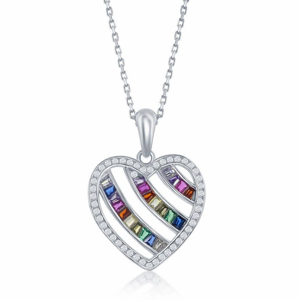 Sterling Silver 3-Row Rainbow Open Heart Pendant