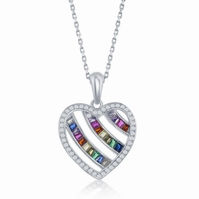Sterling Silver 3-Row Rainbow Open Heart Pendant