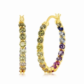 Sterling Silver 3x25mm Inside-Outside Rainbow CZ Hoop Earrings - Gold Plated