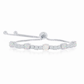 Sterling Silver 4-Prong CZ & White Opal Adjustable Bolo Bracelet