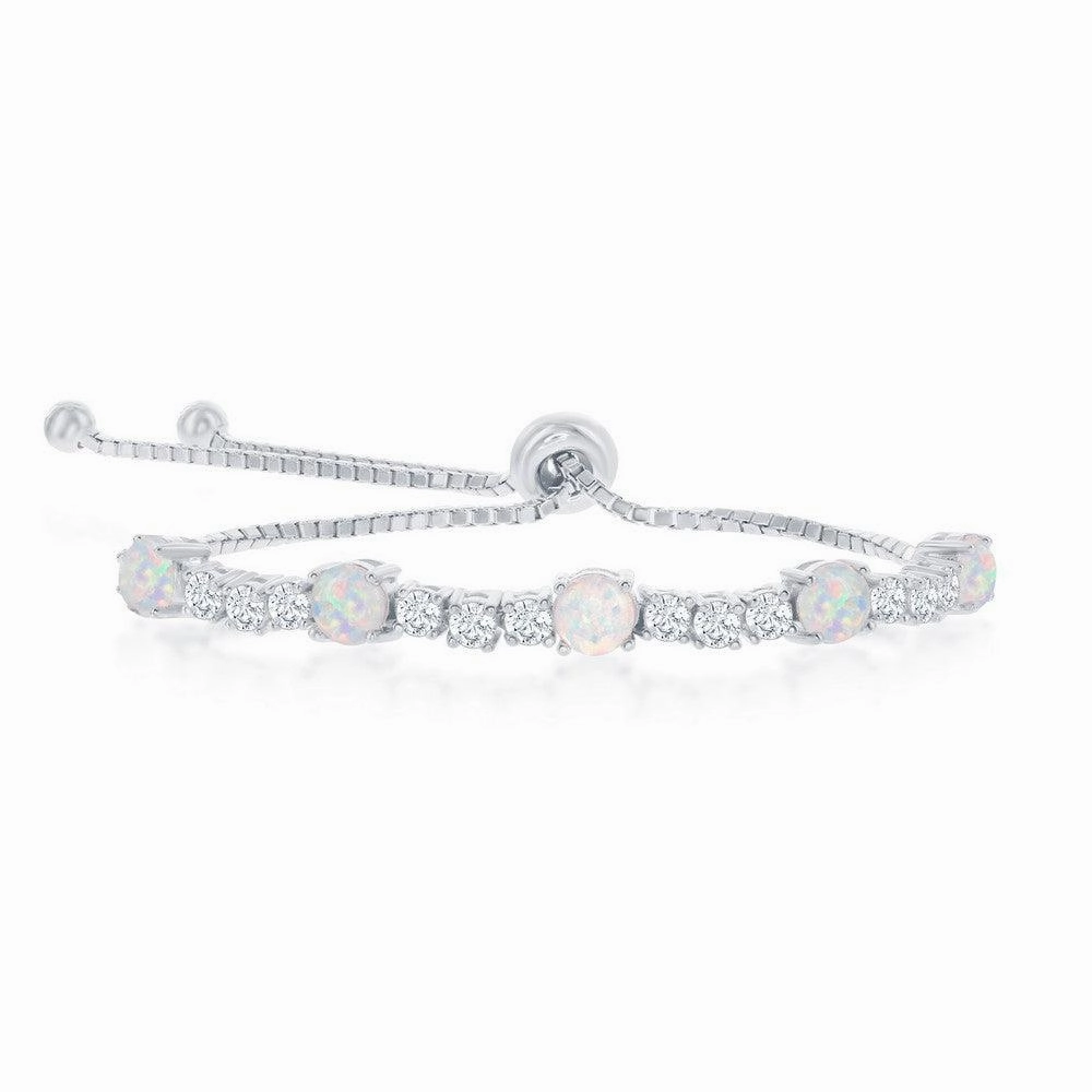 Sterling Silver 4-Prong CZ & White Opal Adjustable Bolo Bracelet