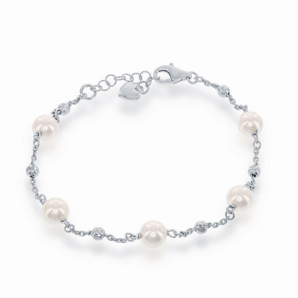 Sterling Silver 6mm Pearls with Moon Beads Bracelet, 6.5"
