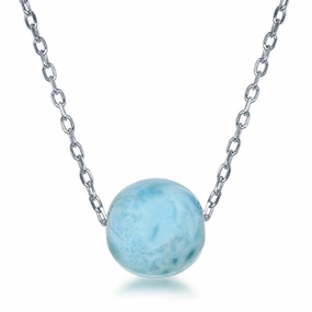Sterling Silver 8mm Larimar Bead Necklace